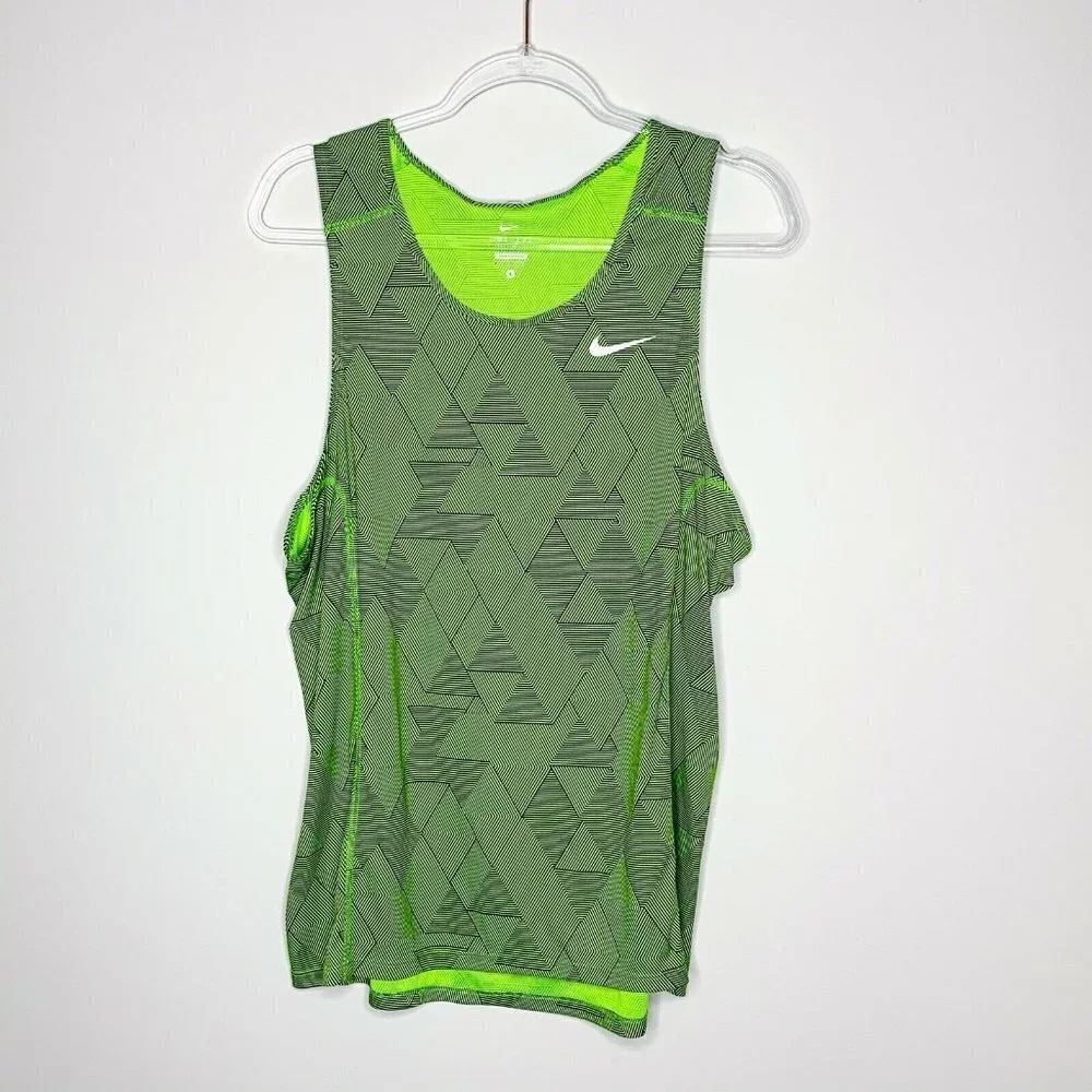 Nike‎ Dri-Fit Tank Women L Neon Green Black Geometric Triangle Scoop Neck Active